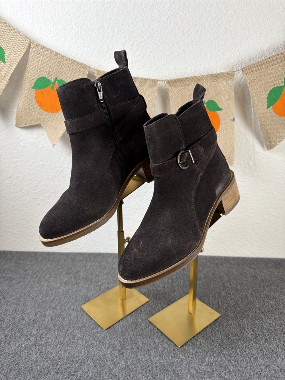 Vintage Foundry Dark Brown Suede Ankle Bootie Zip Block Heel Women’s Boots Sz 8